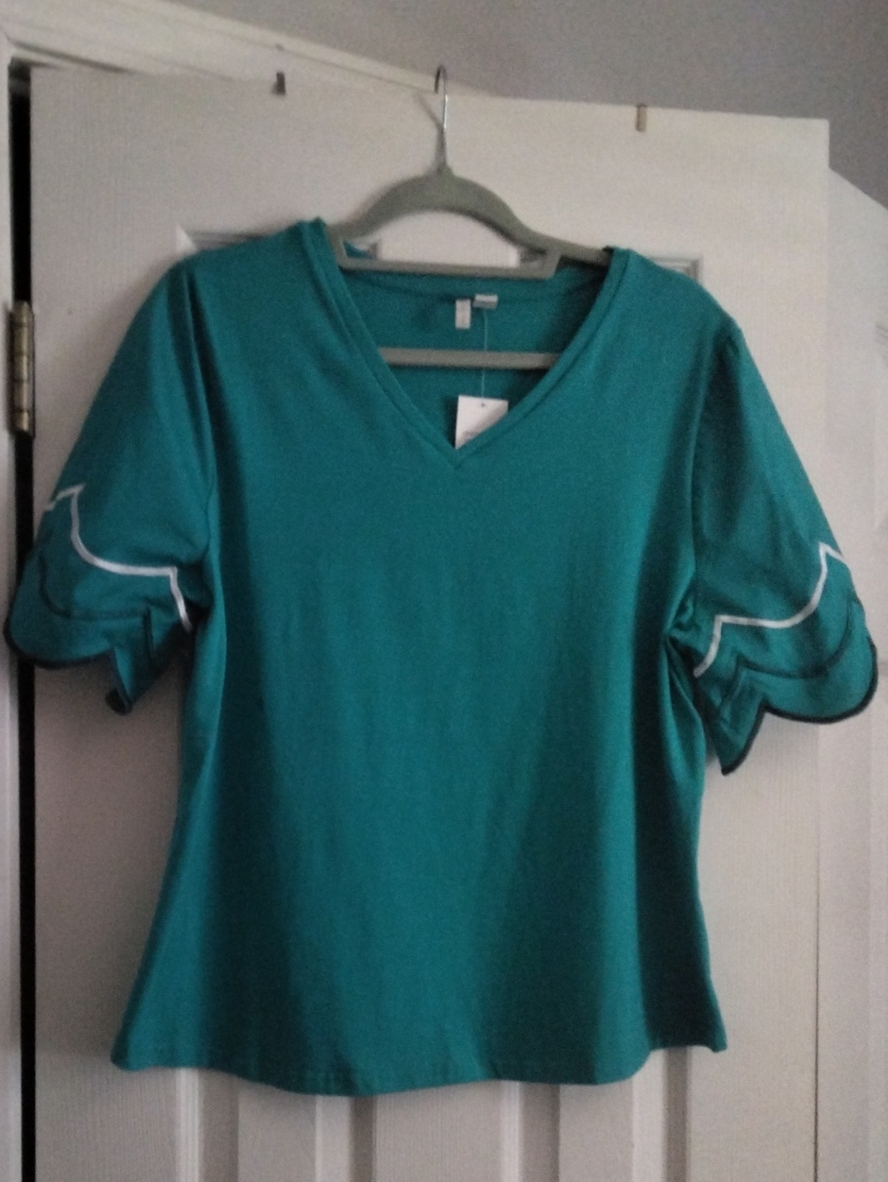 Cato Teal V-Neck Short Sleeve Top with Trim